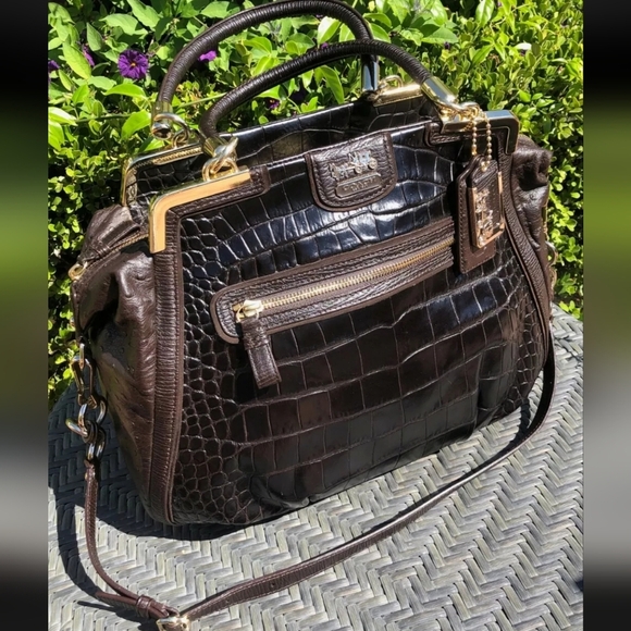 Coach Black/ Brown Espresso Textured Leather Satchel with Gold Hardware - Picture 2 of 14